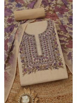 Soch - Women's Cream Linen Floral French Unstitched Top & Bottom With Dupatta