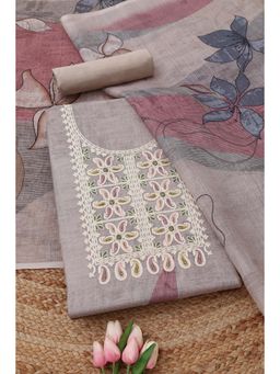 Soch - Women's Beige Linen Floral Cutdana Details Unstitched Top & Bottom With Dupatta