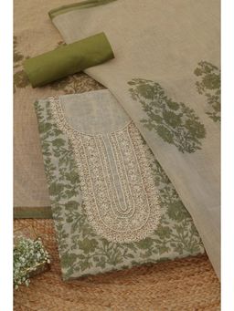 Soch - Women's Sap Green Linen Shimmer Floral French Knot Unstitched Top & Bottom With Dupatta
