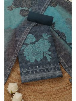 Soch - Women's Blue Chanderi Floral French Knot Unstitched Top & Bottom With Dupatta