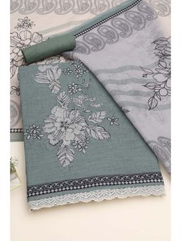 Soch - Women's Green Linen Floral Kantha Embroidery Sequin Unstitched Top & Bottom With Dupatta