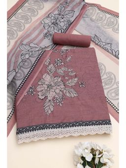 Soch - Women's Onion Pink Linen Floral Kantha Embroidery Unstitched Top & Bottom With Dupatta