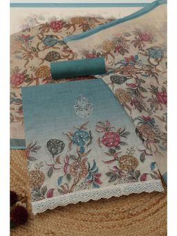 Soch - Women's Blue Kota Floral Kantha Embroidery Sequin Unstitched Top & Bottom With Dupatta