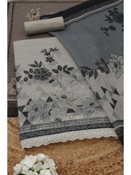 Soch - Women's Grey Kota Floral Kantha Embroidery Sequin Unstitched Top & Bottom With Dupatta