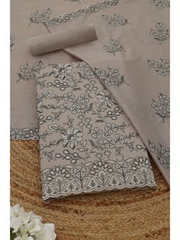 Soch - Women's Beige Cotton Floral Thread Work Unstitched Top & Bottom With Dupatta