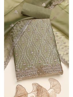 Soch - Women's Olive Crushed Silk Embellished Zari Unstitched Top & Bottom With Dupatta