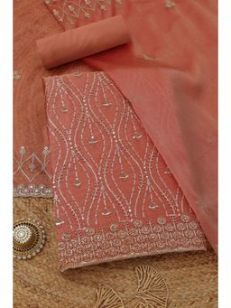 Soch - Women's Peach Crushed Silk Embellished Zari Unstitched Top & Bottom With Dupatta