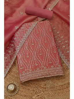 Soch - Women's Peach Crushed Silk Embellished Zari Unstitched Top & Bottom With Dupatta