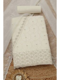 Soch - Women's Off White Crushed Silk Embellished Unstitched Top & Bottom With Dupatta