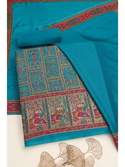 Soch - Women's Turquoise Blue Silk Woven Design Unstitched Top & Bottom With Dupatta