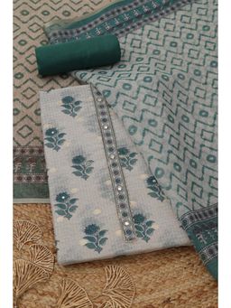 Soch - Women's Green Kota Floral Faux Mirror Details Unstitched Top & Bottom With Dupatta