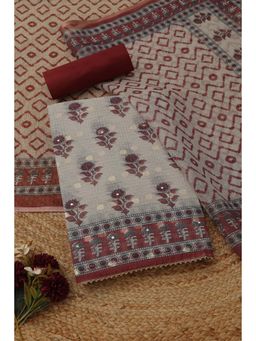 Soch - Women's Burgundy Kota Floral Faux Mirror Details Unstitched Top & Bottom With Dupatta
