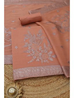 Soch - Women's Peach Silk Blend Floral Zari Woven Unstitched Top & Bottom With Dupatta