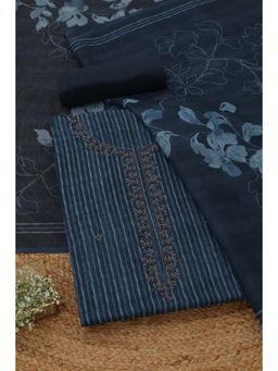 Soch - Women's Navy Blue Linen Stripes Hand Embroidery Bead Unstitched Top & Bottom With Dupatta