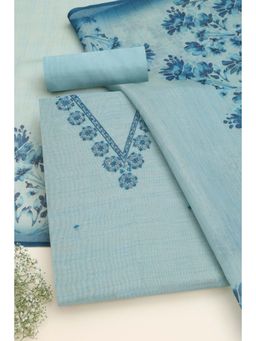Soch - Women's Turquoise Linen Shimmer Floral French Knot Unstitched Top & Bottom With Dupatta