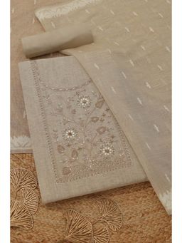 Soch - Women's Beige Mul Chanderi Floral Zardosi Unstitched Top & Bottom With Dupatta
