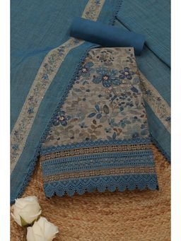 Soch - Women's Blue Linen Botanical French Knot Unstitched Top & Bottom With Dupatta