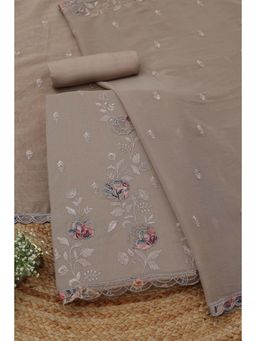 Soch - Women's Beige Mul Chanderi Floral Embroidery Unstitched Top & Bottom With Dupatta