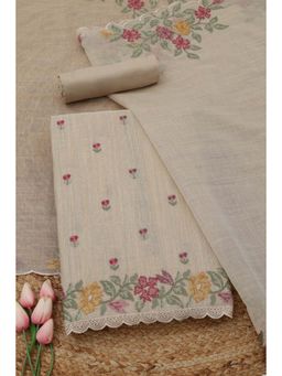 Soch - Women's Beige Mul Chanderi Floral Embroidery Unstitched Top & Bottom With Dupatta