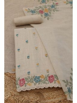 Soch - Women's Beige Mul Chanderi Floral Embroidery Unstitched Top & Bottom With Dupatta