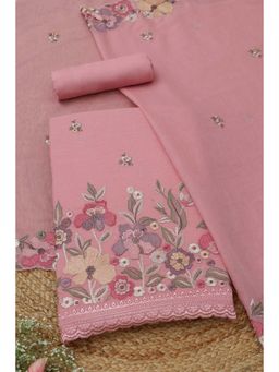 Soch - Women's Pink Mul Chanderi Floral Embroidery Unstitched Top & Bottom With Dupatta