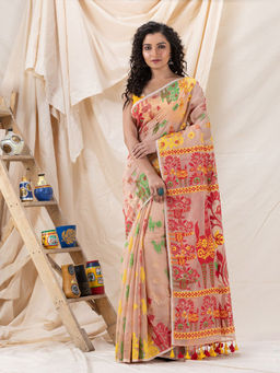 Angoshobha - Traditional Peach Puff Soft Dhakai Jamdani Saree with Unstitched Blouse