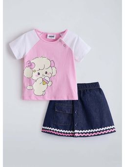 Hopscotch - Pink Printed Cotton Top and Skirt