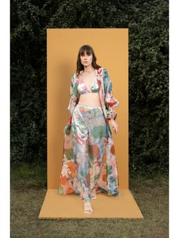 MANDIRA WIRK - Hibiscus Printed Sequins Bustier And Pants With Organza Cape (Set of 3)