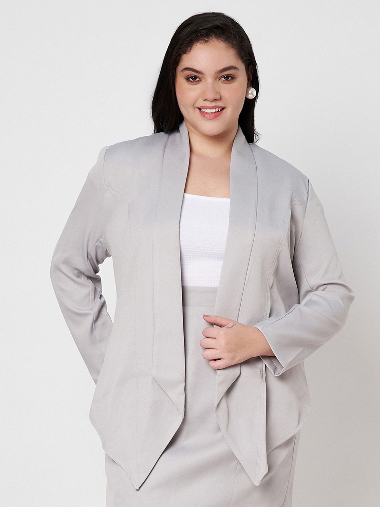 brinns Plus Size Front-Open Shawl Collar Grey Blazer-picture-20