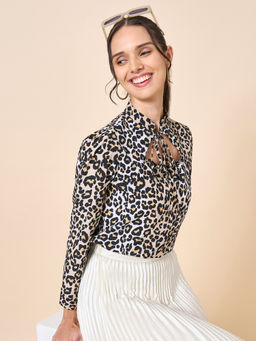 Style Quotient - Women Animal Print Beige & Black Crepe Top