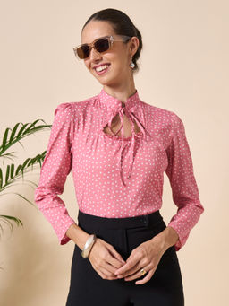 Style Quotient - Women Polka Dot Pink & White Crepe Top