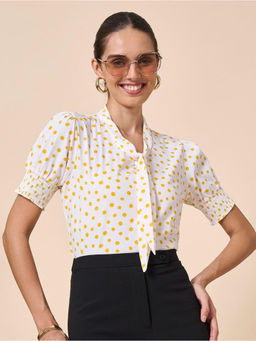 Style Quotient - Women Polyester White Yellow Polka Dot Top