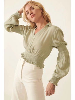 Fnocks - Cotton Tops Wester Wear Stylish Stretchable Fabric Puff Sleeve V Neck Top