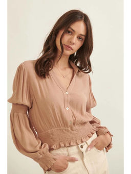 Fnocks - Cotton Tops Wester Wear Stylish Stretchable Fabric Puff Sleeve V Neck Top