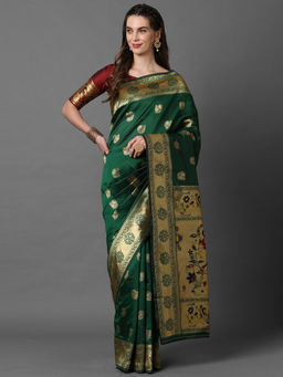 Akhilam - Green wedding Silk Blend Woven Design Saree with Unstitched Blouse