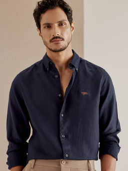 Andamen - Navy Blue Men Linen Button Down Slim Fit Shirt