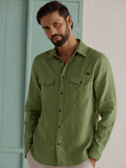 Andamen - Olive Men Linen Chested Pocket Regular Fit Shirt