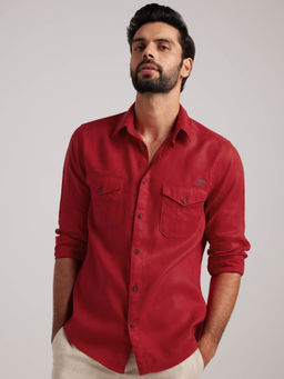 Andamen - Red Men Linen Chested Pocket Slim Fit Shirt