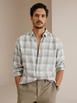 Andamen - Grey Men Linen Checks Slim Fit Shirt