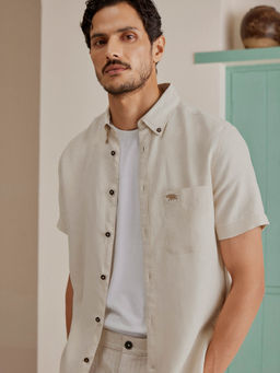 Andamen - Beige Men Linen Chested Pocket Half Sleeve Slim Fit Shirt