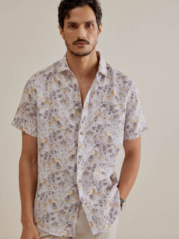 Andamen - Grey Men Linen Half Sleeve Printed Slim Fit Shirt