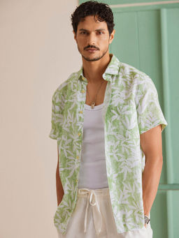 Andamen - Green Men Linen Printed Half Sleeve Regular Fit Shirt