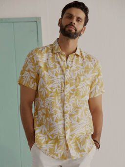 Andamen - Mustard Men Linen Half Sleeve Printed Slim Fit Shirt