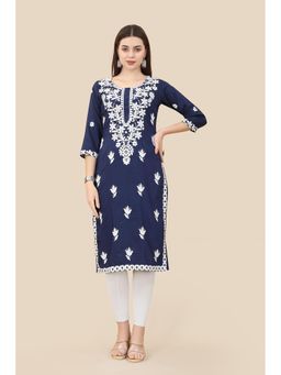 VAIRAGEE - Navy Blue Soft Chinnon Embroidery Work Straight Kurta