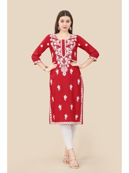 VAIRAGEE - Red Soft Chinnon Embroidery Work Straight Kurtas