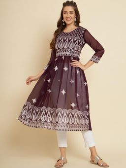 VAIRAGEE - Burgundy Soft Georgette Embroidery Work Anarkali Kurta