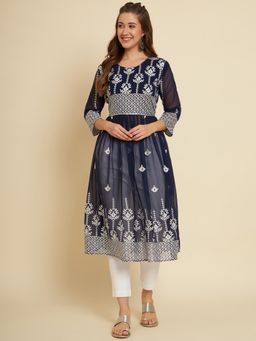 VAIRAGEE - Navy Blue Soft Georgette Embroidery Work Anarkali Kurta