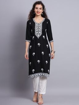 VAIRAGEE - Black Rayon Lucknowi Chikankari Work Straight Kurta