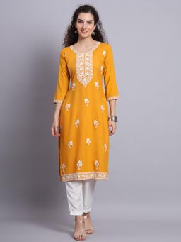 VAIRAGEE - Mustard Rayon Lucknowi Chikankari Work Straight Kurta