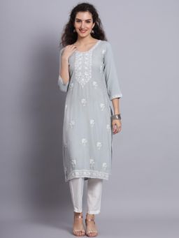 VAIRAGEE - Grey Rayon Lucknowi Chikankari Work Straight Kurta